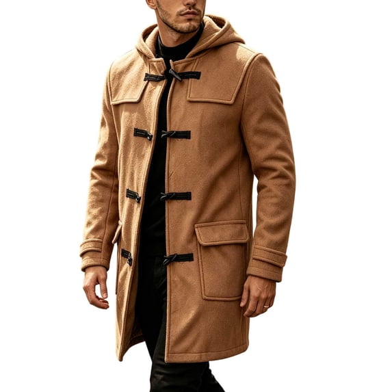 HBGVBA Men's Hooded Duffle Coat, Toggle Button Closure Mid Length Jacket, Patch Pockets Loose Fit Warm Winter Outerwear