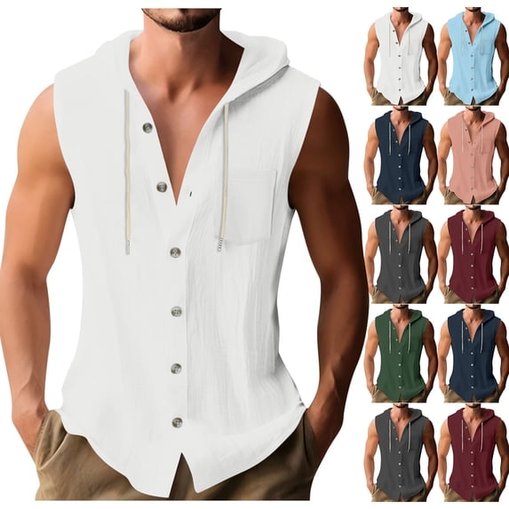 HBGVBA Men's Hoodie Tank Tops,Sleeveless Shirt with Drawstring,Solid Color Drawstring Button Down Pullover Top with Pocket