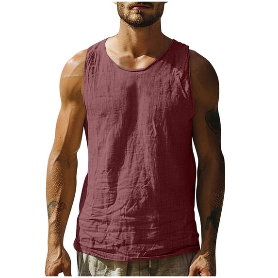 HBGVBA Men's Linen Sleeveless Shirt,Plus Size Tank Top,Linen Like Crew Neck Casual Fitness Shirt