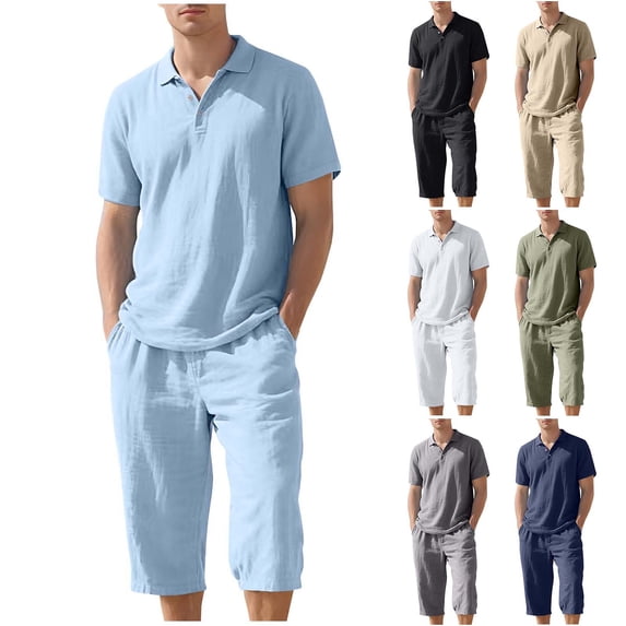 HBGVBA Men's Loose Breathable 2 Piece Solid Color Linen Button Short Sleeve Lapel Top Drawstring Elastic Waist Capris Pants Set