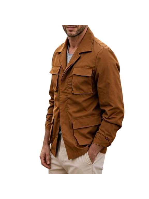 Men's Military Field Jacket, Notched Lapel Multi Flap Pocket Coat, Light Weight Windproof Casual Outdoor Outerwear