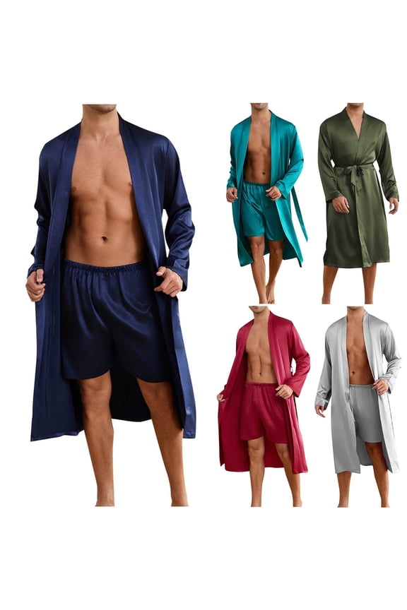 Men's Pajamas Set Loungewear Sleepwear, Men's Satin Robe Silk Bathrobe with Shorts Set Lightweight Soft Loungewear Nightwear