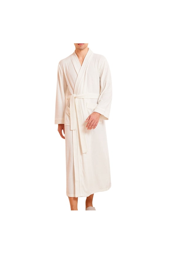Men's Soft Long Bathrobe,Long Sleeve V Neck Ties Waist Pocket Absorbent Bathrobe Morning Gown Daily Robe