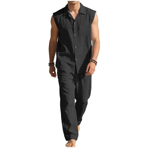 HBGVBA Men's Summer Solid Color Sleeveless Button Collared Casual Tank Top Elastic Waist Long Pants Set