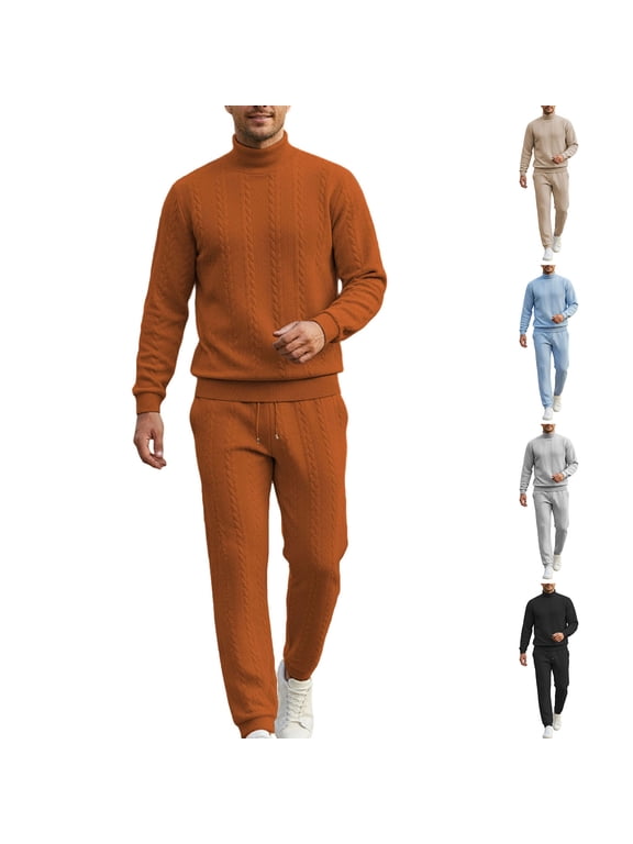 Men's Sweater Suits,2 Piece Warm Knit Outfits Set,Solid Color Turtleneck Long Sleeve Top Tracksuit Elastic Waist Pants Fall Winter Daily Outfit