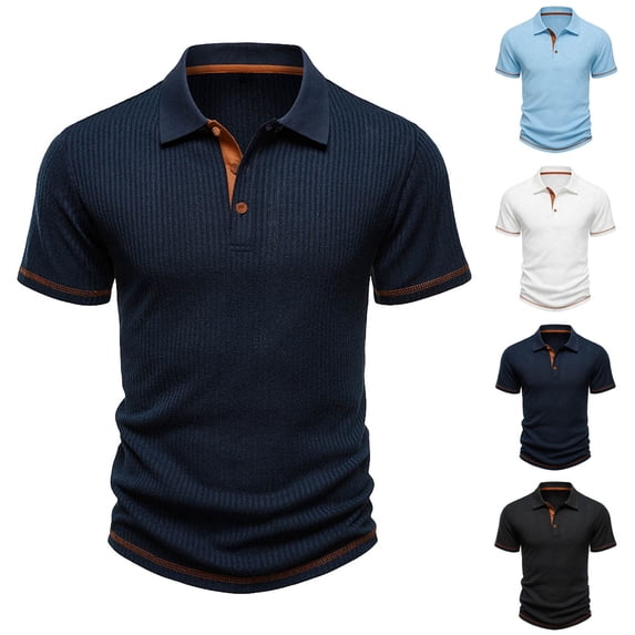 HBGVBA Men's Turndown Collar T-Shirts,Athleisure Muscle Tees,Short Sleeve 2 Tone Button Ribbed Casual Fashion Lightweight Breathable Beach Vacation Daily T-Shirts