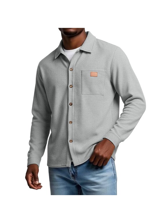 Men's Waffle Knit Shirt Jacket, Point Collar Button Front Shacket, Patch Chest Pocket Relaxed Fitted Outerwear