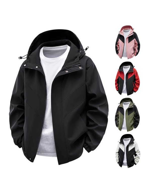 Men's Windbreaker Jackets Solid Color Patchwork Hooded Long Sleeve Zip Jacket With Pockets Climbing Sports