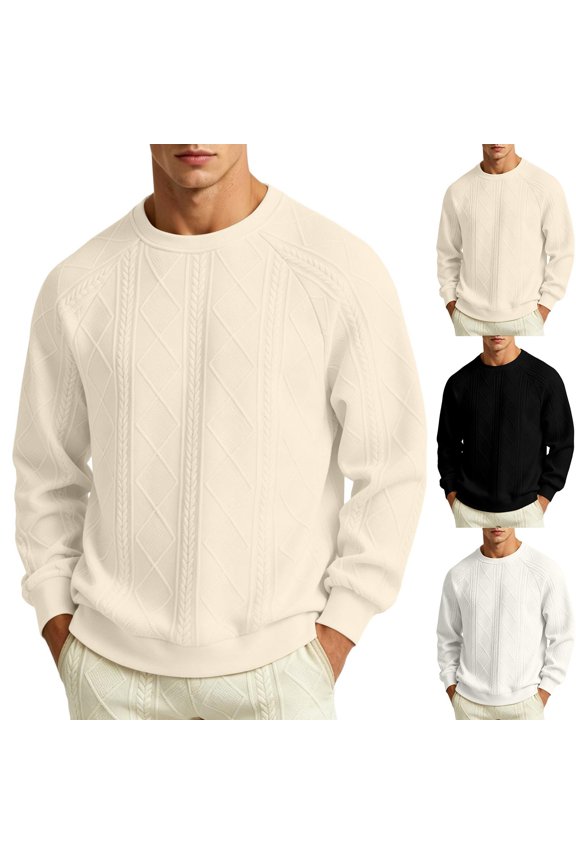 Mens Basic Sweatshirt Plus Size,Crew Neck Diamond Embossed Texture Raglan Long Sleeve Loose Pullover Top Fall Winter Knit Garment
