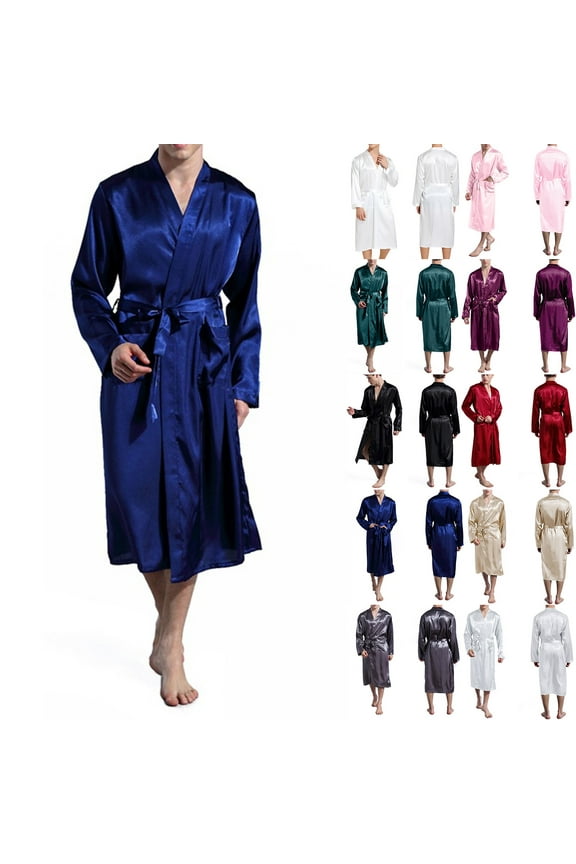 HBGVBA Mens Bathrobes, Men's Satin Robe Lightweight Long Sleeve Silk Bathrobe Sleepwear