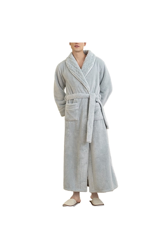 Mens Bathrobes, Mens Robes Full Length Plushed Fleece Long Robe for Men Bathrobe Shawl Collar Warm Winter House Robes