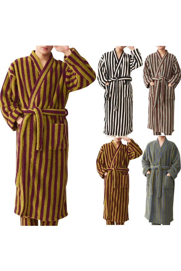 Mens Bathrobes, Mens Robes Striped Full Length Plushed Fleece Long Robe for Men Bathrobe Warm Winter House Robes