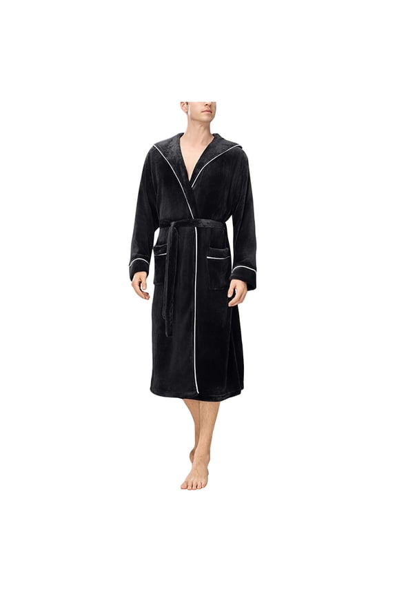 Mens Bathrobes, Unisex Plushed Lined Bath Robe Soft Spa Robe with Hood Plus Size Housecoat Nightgown