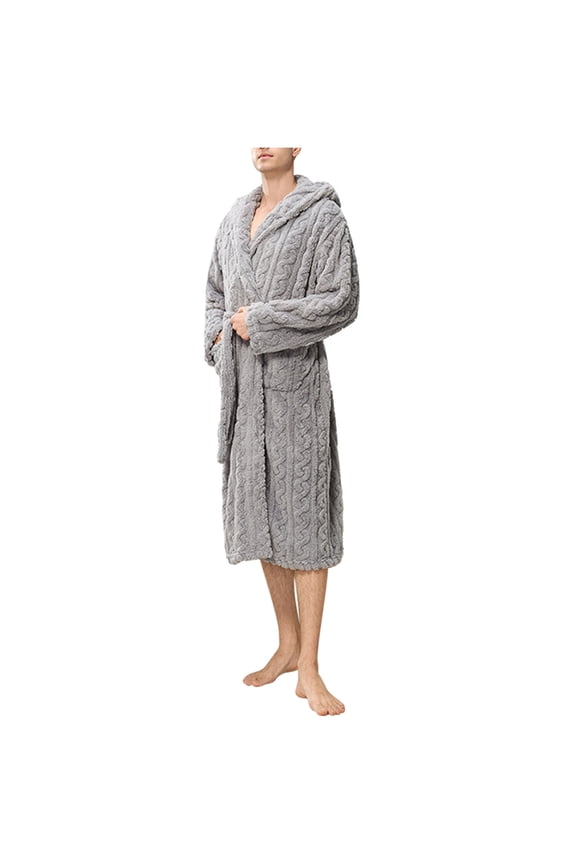 Mens Bathrobes, Unisex Plushed Lined Bath Robe Soft Spa Robe with Hood Plus Size Housecoat Nightgown