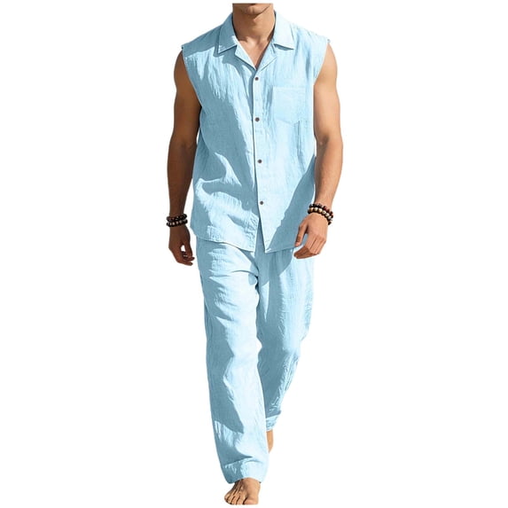 HBGVBA Mens Casual Summer 2 Piece Outfit Sleeveless Button Collared Tank Top Elastic Waist Long Pants Set