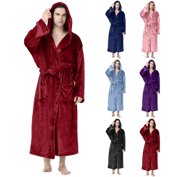 HBGVBA Mens Hooded Robe,Long Robe with Pockets,Tie Waist Soft Bathrobe,Warm Cozy Fleece Loungewear for Relaxing at Home