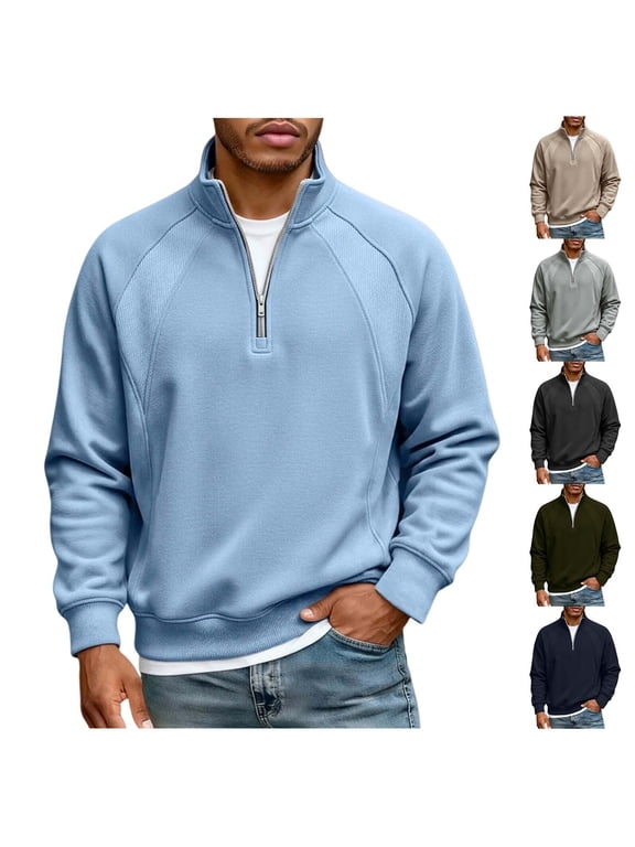 Mens Mock Neck Zip Pullover Sweatshirt,Solid Color Defined Shoulder Oversized Relaxed Long Sleeve Plain Knit Top