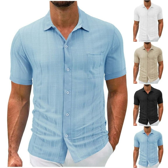 HBGVBA Mens Short Sleeve Tees,Short Sleeve Top for Men,Men's Solid Color Breathable Linen Button Down Collar Pocket Soft Comfortable Daily Leisure Short Sleeve T-Shirt