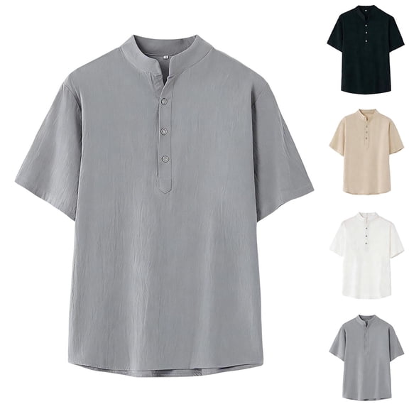 HBGVBA Mens Short Sleeve Tees,Short Sleeve Top for Men,Men's Solid Color Casual Linen Half Button Mock Neck Soft Breathable Comfortable Short Sleeve T-Shirt