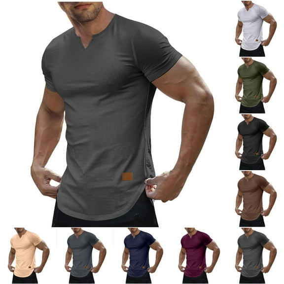 HBGVBA Mens Short Sleeve Tees,Short Sleeve Top for Men,Men's Solid Color Ribbed Texture Casual Soft Stretch V Neck Comfortable Daily Wear Short Sleeve T-Shirt