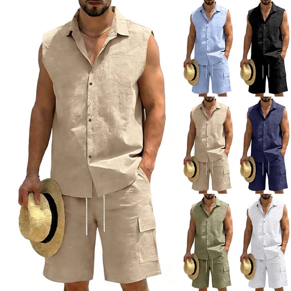 HBGVBA Mens Shorts Set Sleeveless Button Collared Shirt Tank Top Elastic Waist Casual Outfit Set