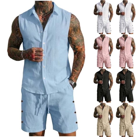 HBGVBA Mens Shorts Set Solid Color Loose Linen Pocket Elastic Waist Shorts Button Lapel Tank Top 2 Piece Breathable Set