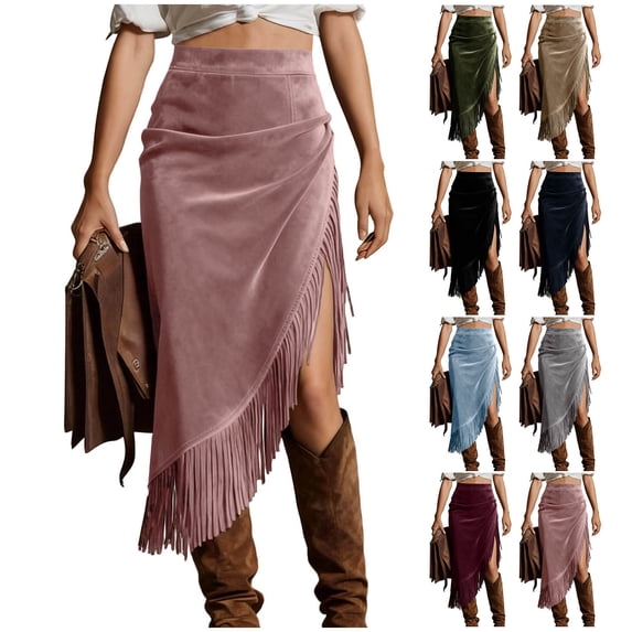 HBGVBA Midi Skirts for Women,High Low Skirts,High Waist Asymmetric Fringe Slit Slim Fitted Midi Length Skirts