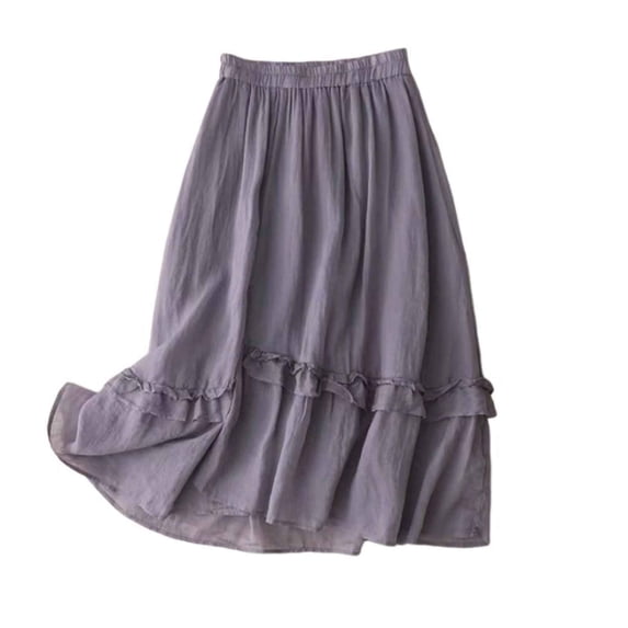 HBGVBA Midi Skirts for Women,Ruffle Pleated Skirts,Solid Color Linen Elastic Waist A Line Skirt For Summer Skirts