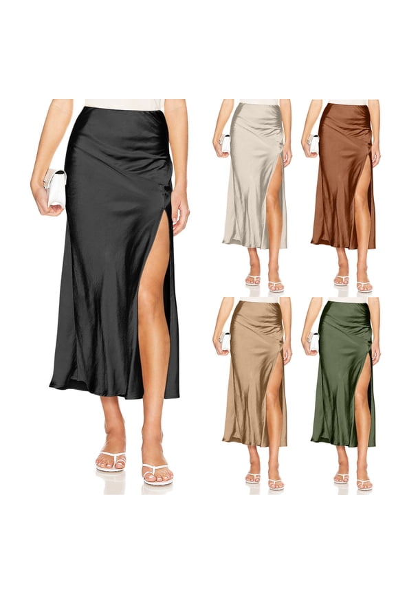 Midi Skirts for Women,Women's Split Hem Skirt,Solid Color High Waist Ruched Split Hem Midi Skirt Lightweight Summer Skirts
