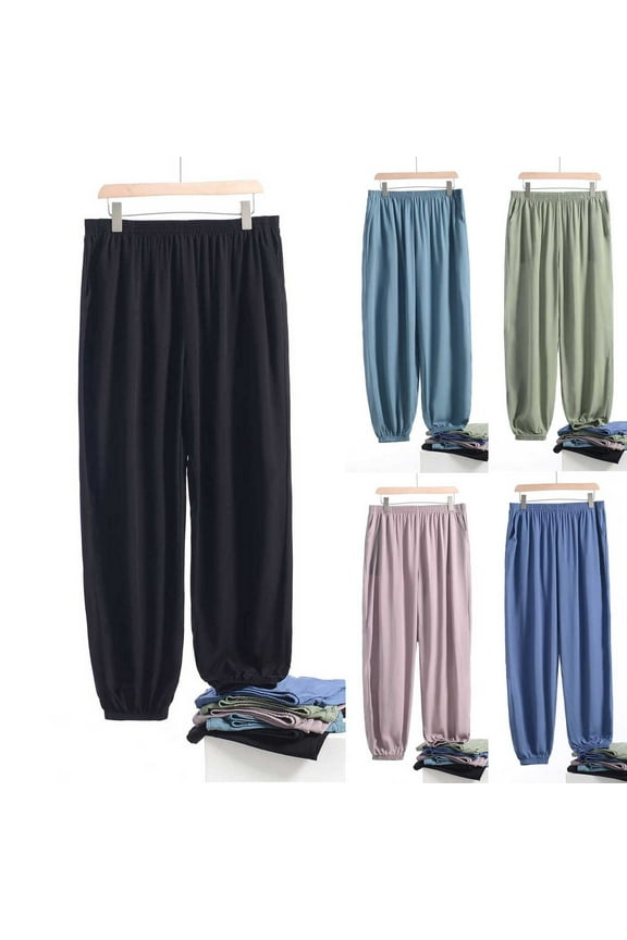 Pajamas Pants for Men,Mens Soft Sleep Pants,Men's Thin Sleep Pants Wide Leg Loose Cuffed Ankles With Pockets Solid Color Pants