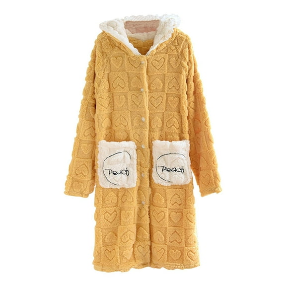 Bovxnpu Robes for Women, Womens robe Winter Soft Heart Hooded Long Sleeve Button Front Cardigan Pocketed Bathrobe Loungewear Robe Nightgown Loungewear Sleepwear