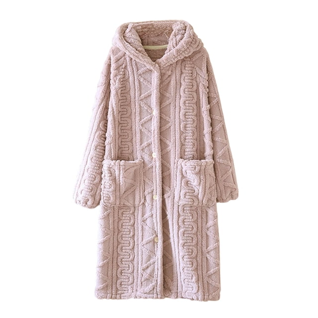 Bovxnpu Robes for Women, Womens robe Winter Soft Solid Color Hooded Long Sleeve Button Front Cardigan Pocketed Bathrobe Loungewear Robe Nightgown Loungewear Sleepwear