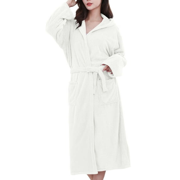 Bovxnpu Robes for Women, Womens robe Solid Color Fleece Pocketed Hooded Cotton Absorbent Quickly Drying Bathrobe Nightgown Loungewear Sleepwear