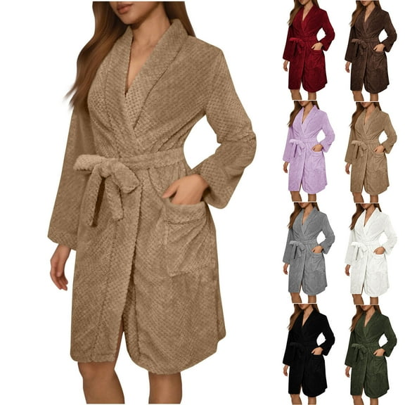 Bovxnpu Robes for Women, Womens robe Stylish Fleece Solid Color Pocketed Belted Bathrobe Short Robe Nightgown Loungewear Sleepwear