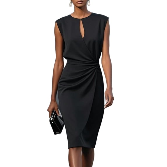 HBGVBA Satin Midi Dress for Women,Sleeveless Trendy Dresses,Solid Color Keyhole Neck Ruched Waist Slim Fitted Knee Length Dress
