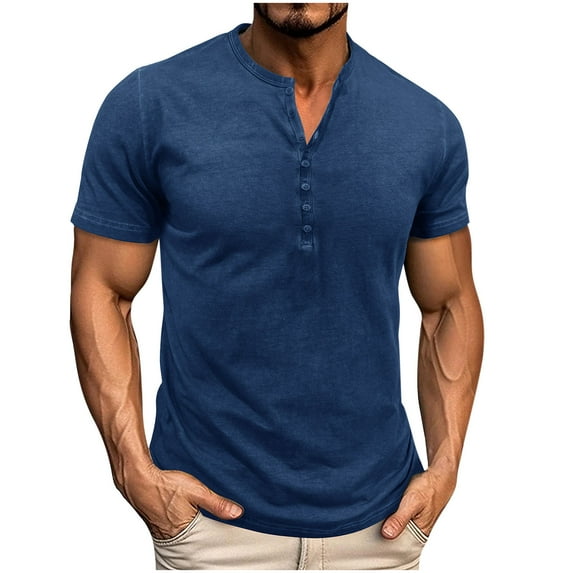 HBGVBA Shirts for Men,Men Short Sleeve Shirt,Men's Casual Gym Solid Color Button Short Sleeve Round Neck Soft Breathable Lightweight Workout Stretch Basic Shirts
