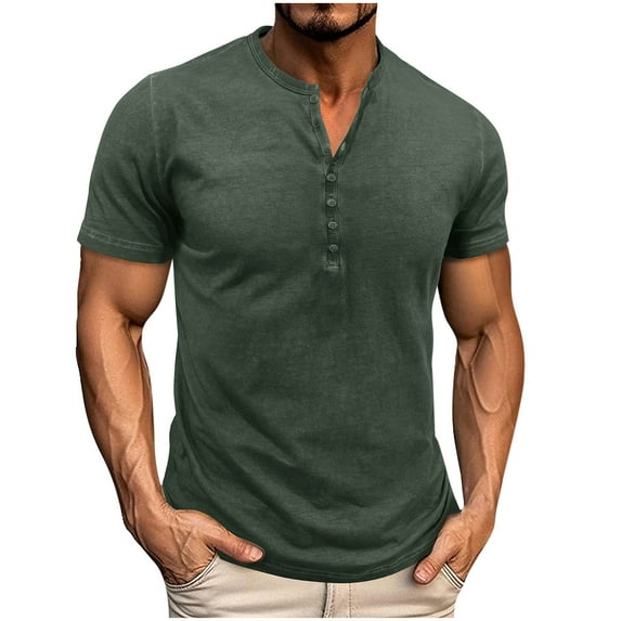 HBGVBA Shirts for Men,Men Short Sleeve Shirt,Men's Casual Gym Solid Color Button Short Sleeve Round Neck Soft Breathable Lightweight Workout Stretch Basic Shirts