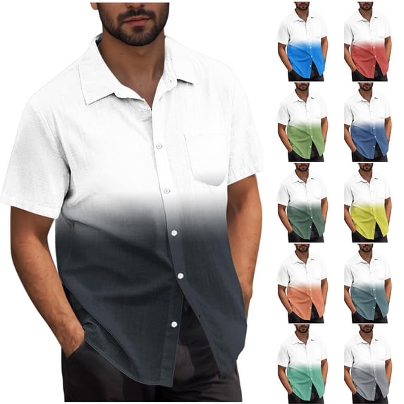 HBGVBA Shirts for Men,Men Short Sleeve Shirt,Men's Gradient Color Button Cardigan Short Sleeve Turn Down Collar Soft Breathable Lightweight Casual Fashion Daily Wear Shirts