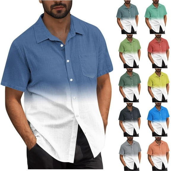 HBGVBA Shirts for Men,Men Short Sleeve Shirt,Men's Gradient Print Button Open Front Short Sleeve Turn Down Collar Classic Casual Soft Stretch Breathable Daily Shirts