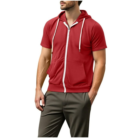 HBGVBA Shirts for Men,Men Short Sleeve Shirt,Men's Sleeveless Hooded Casual Jacket Zipper Pocket Lightweight Breathable Loose Outdoor Wear Shirts