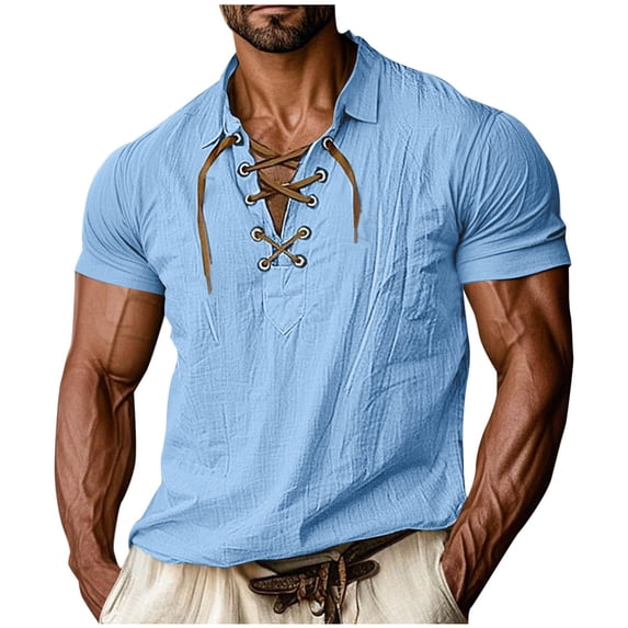 HBGVBA Shirts for Men,Men Short Sleeve Shirt,Men's Solid Color Lace Up Short Sleeve Turn Down Collar Casual Lightweight Soft Shirts