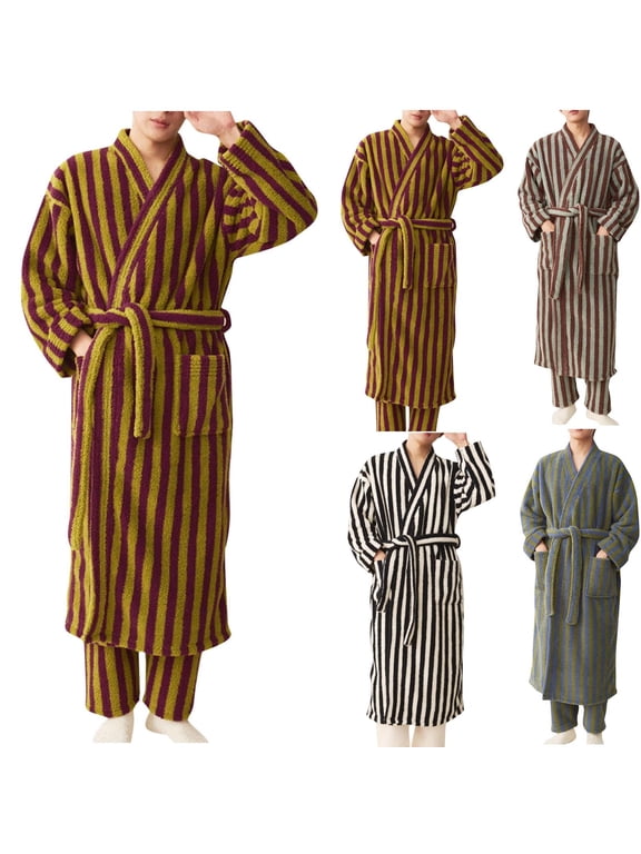Striped Robe for Men,2 Piece Set with Pajama Pants,Long Sleeve Tie Waist Bathrobe Soft Warm Fleece Loungewear