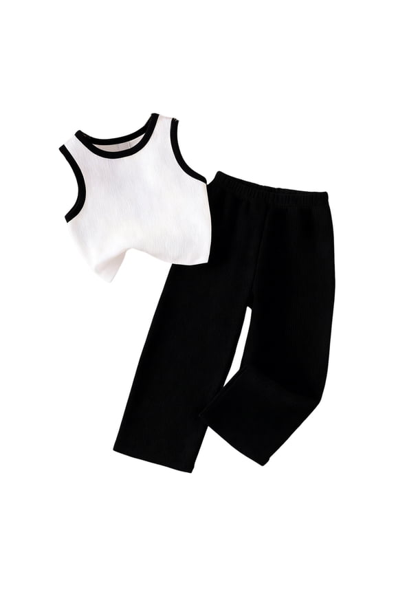 Summer 2 Piece Set for Girl,Casual Tank Top and Full Length Pants,4-8 Years Solid Sleeveless Crew Neck Vests Top Long Pants Set