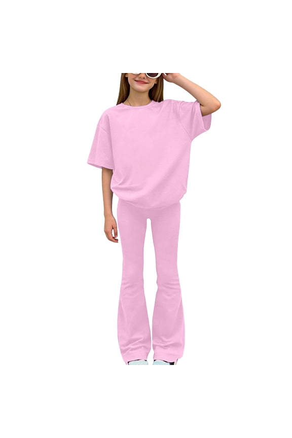 Summer 2 Piece Set for Girl,Solid Color Short Sleeve Tops and Flare Pants,8-13 Years Solid Short Sleeve Tee Long Pants Fashion Set