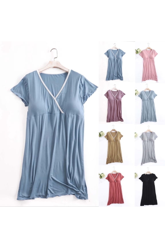 Summer Maternity Dress,Maternity Short Sleeve Dress,V-Neck Nursing Nightgown Soft Loungewear for Postpartum