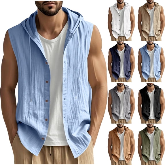 HBGVBA Tank Top for Men,Men's Tank Top Undershit,Men's Summer Solid Color Casual Sleeveless Button Open Front Hooded Soft Breathable Lightweight Daily Wear Tank Tops