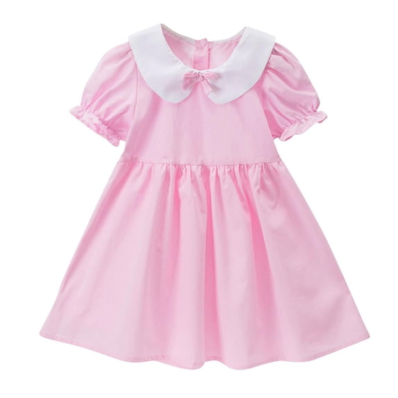 HBGVBA Toddler Girl's Dresses,Casual Summer Dresses,2-6 Years Solid Lapel Puff Sleeve Crew Neck Casual Lightweight Summer Dress