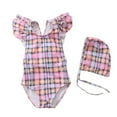 thumbnail image 1 of HBGVBA Toddler Girls Swimsuit,1 Piece Bathing Suits with Swim Cap,Girl Classic Plaid Sleeve Swimsuit with Swim Cap for 0-3 Years Infant, 1 of 5