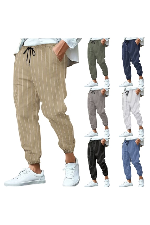 Trousers for Men,Mens Pant Casual,Men's Casual Striped Print Elastic Waist Drawstring Breathable Pocket Cuffed Ankle Sport Pants