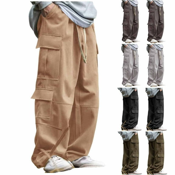 HBGVBA Trousers for Men,Mens Pant Casual,Men's Solid Color Pocket Cargo Pants Elastic Drawstring Waist Outdoor Casual Straight Leg Pants